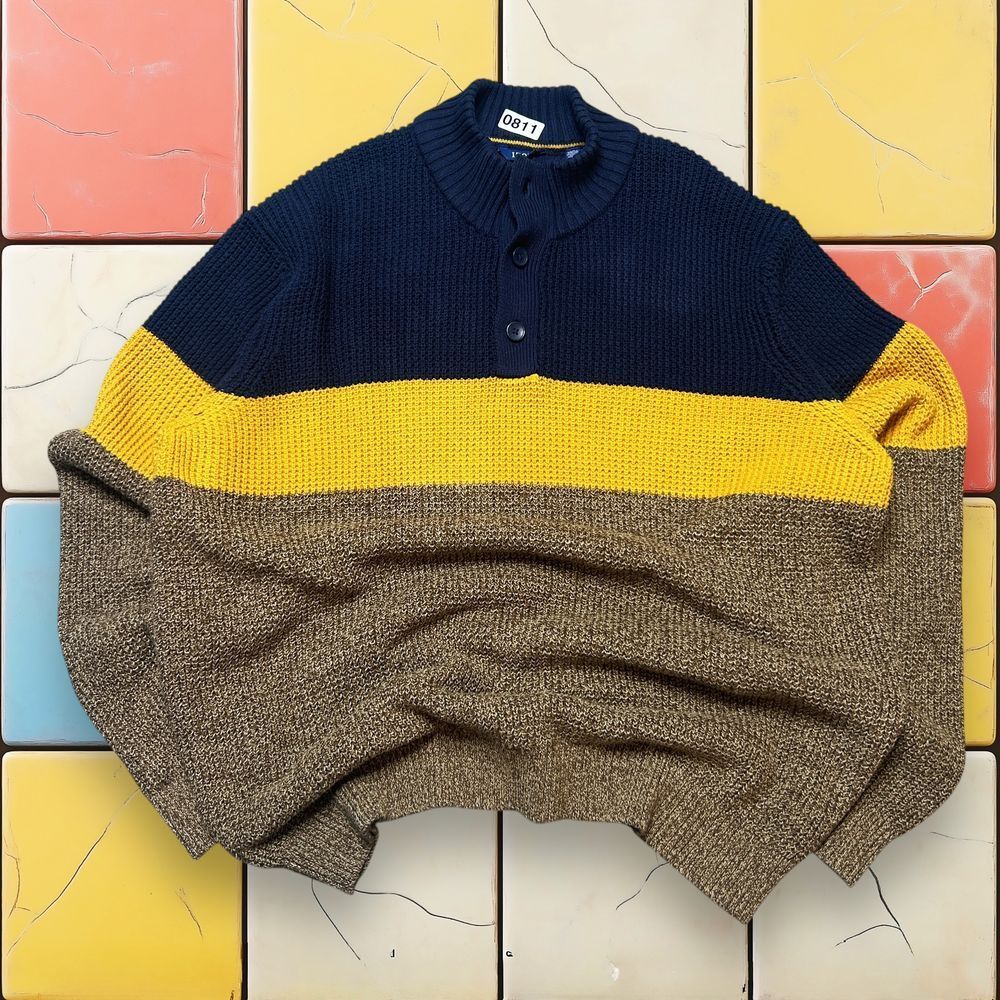 Color Block Knit Sweater‎ Jumper y2k Mens Izod Striped Mock Neck Button Size XL
